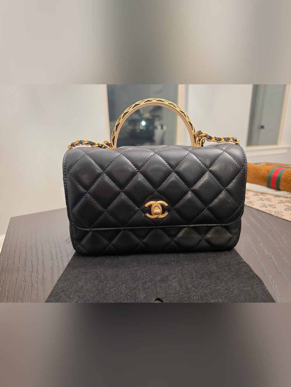 CHANEL Black Quilted Leather Top Handle Shoulder Bag with Gold Hardware